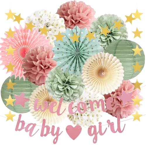 Dusty Pink and Sage Green Baby Shower Decorations Dusty Pink Green Tissue Pom Poms Hanging Paper Fans Paper Lanterns Baby Girl Shower Banner for Gender Reveal Neutral Baby Shower Decorations von FETETIJD