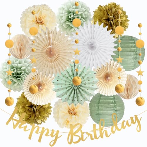 Geburtstag Deko Salbeigrün Grün und Gold Papierfächer Pom Poms Laternen Happy Birthday Banner Gold Sterne Runde Girlande für Frauen Mädchen Geburtstag Dekoration von FETETIJD