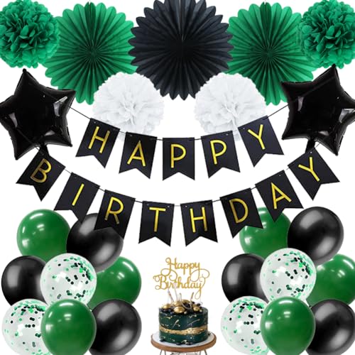 Geburtstagsdeko, Grün Schwarz Geburtstag Set für Mädchen Jungen Frauen Männer, Papierfächer Papierbommeln Luftballons Happy Birthday Banner für Geburtstag Dekoration von FETETIJD