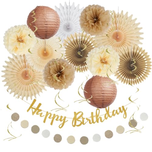 Geburtstagsdeko Beige Boho Mädchen Neutral Geburtstag Deko Braun Beige Papierfächer Pompons Deko Beige Geburtstag Natur mit Papier Kreis Girlande Happy Birthday Girlande Gold für Geburtstag Frauen von FETETIJD