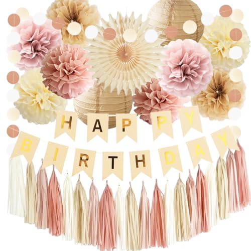 Geburtstagsdeko Beige Rosa Boho Geburtstag Party Deko Mädchen Frauen Beige Rosa Papierfächer Pompons Papierlaternen Happy Birthday Girlande für Neutral Geburtstagsparty Deko von FETETIJD