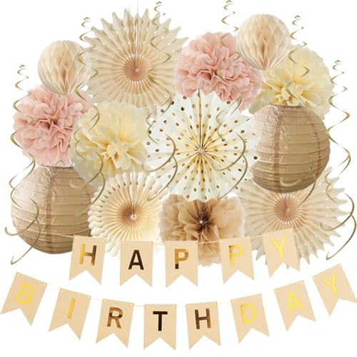 Geburtstagsdeko Mädchen Frauen Beige Rosa Boho Geburtstag Party Deko Beige Rosa Papierfächer Pompons Papierlaternen Happy Birthday Girlande für Neutral Geburtstagsparty Deko von FETETIJD