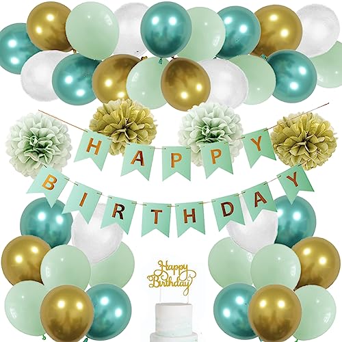 Geburtstagsdeko Mint Gold Luftballons Geburtstag Mädchen Seidenpapier Pompons Deko Salbeigrün Gold Kit mit Happy Birthday Girlande Grün Tortendeko für Frauen von FETETIJD