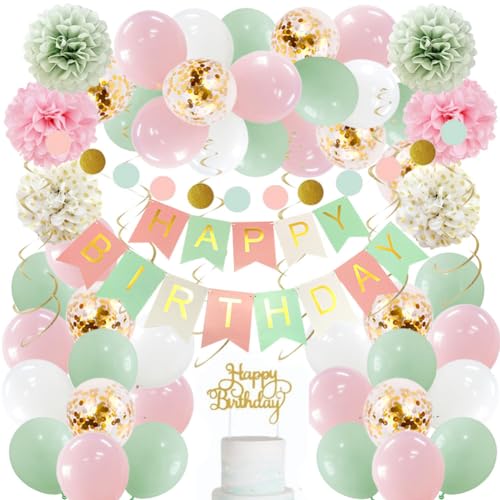 Geburtstagsdeko Rosa Mint Grün Gold Luftballons Geburtstag Mädchen Seidenpapier Pompons Hängende Wirbel Gold Papier Girlande Rund Kreis Kit mit Happy Birthday Girlande Tortendeko von FETETIJD