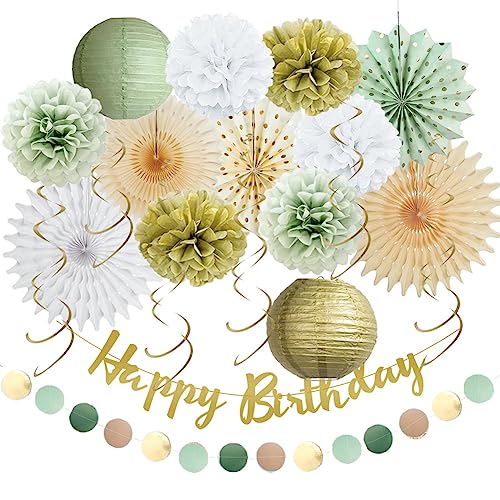 Deko Geburtstag Salbeigrün Geburtstagsdeko Grün Gold Weiß Pompons Deko Salbei Weiss Papierfächer Beige Sage Green Party Deko Geburtstag Mädchen mit Happy Birthday Girlande für Frauen von FETETIJD