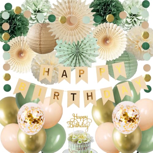 Geburtstagsdeko Salbeigrün Party Deko Happy Birthday Girlande Salbeigrün Luftballons Salbei Beige Papier Pom Poms für Mädchen Frauen Neutral Geburtstags Party Deko von FETETIJD