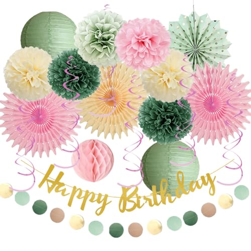 Geburtstagsdeko Salbeigrün Rosa Deko Geburtstag Salbei Rosa Beige Frauen Olivgrün Geburtstag Mädchen Deko Hellrosa Grün Papierfächer Pom Poms Kit mit Happy Birthday Banner Gold von FETETIJD