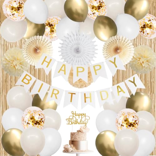 Geburtstagsdeko Mädchen Frauen, Beige Weiß Gold Party Deko Luftballons Happy Birthday Girlande Papierfächer Papier Pom Poms für Neutral Beige Geburtstag Party Deko von FETETIJD