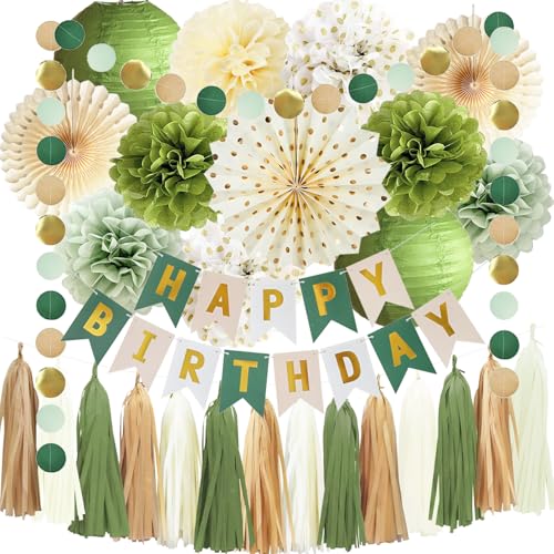 Grüne Geburtstagsparty-Dekorationen, Seidenpapier Pom Poms, Olivgrün Nude Elfenbein Papier Quaste, Kreis Girlande, Happy Birthday Banner für Frauen Mädchen Salbei Geburtstag Babyparty Dekoration Grüne Geburtstagsparty-Dekorationen, Seidenpapier Pom Poms, Olivgrün Nude Elfenbein Papier Quaste, Kreis Girlande, Happy Birthday Banner für Frauen Mädchen Salbei Geburtstag Babyparty Dekoration von FETETIJD