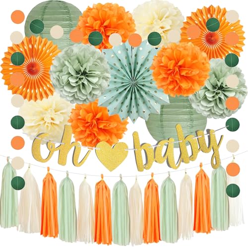 Grüne und orangefarbene Babyparty-Dekorationen, Salbeigrün und Orange, Beige Seiden-Pompons, Papierlaternen, Quasten-Girlanden, Baby in Blüte, süße Babyparty, Herbst, Party, Geburtstag, Dekorationen von FETETIJD