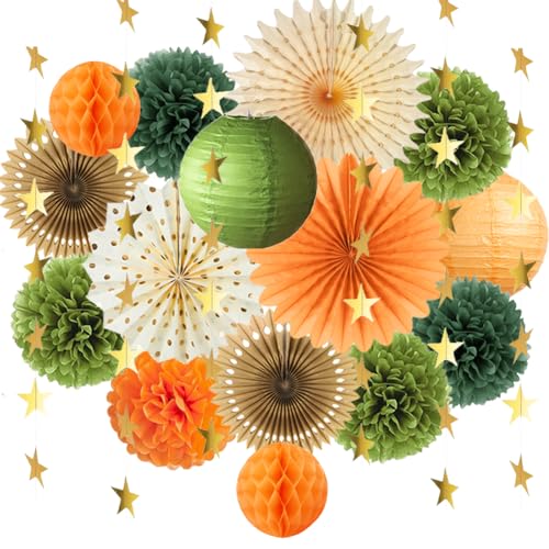 Herbst Party Deko Grüne und Orange Seidenpapier Pompons Papierfächer Papierlaternen für Herbst Geburtstagsdeko Babyparty Brautdusche Hochzeit Party Deko von FETETIJD