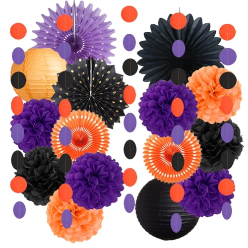 Halloween Deko Schwarz Lila Orange Deko Seidenpapier Pompons Papierfächer Papierlaternen für Halloween Geburtstag Herbstfeste Karneval Party Dekoration von FETETIJD