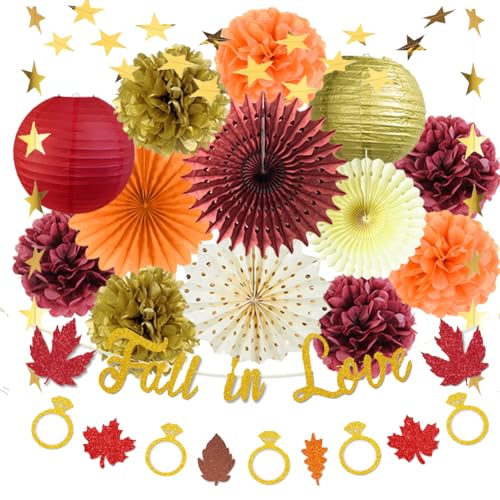 Herbst Deko Hochzeit Fall in Love Brautdusche Dekorationen Burgund Orange Gold Seidenpapier Pompons Deko Papierlaternen Papier Girlande Herbst Geburtstag Babyparty JGA Thanksgiving Deko von FETETIJD
