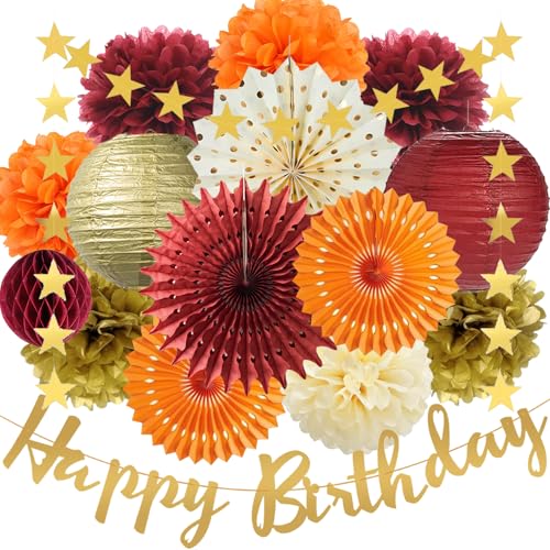 Herbst Geburtstags Party Dekorationen Rot Orange Gold Seidenpapier Pompons Deko Burgund Gold Papierlaternen Papierfächer Satr Papier Girlande für Hochzeit Geburtstag Thanksgiving Party Deko von FETETIJD