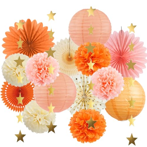 Herbst Party Deko Orange Rosa Pfirsich Herbstdeko Party Papierlaternen Pompons Beige Papierfächer Pink Orange für Babyparty Deko Herbst Junggesellenabschied Herbstliche Geburtstagsdeko Gartenparty von FETETIJD
