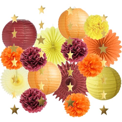 Herbst Party Deko Rot Gelb Orange Pompons Deko Rot Orange Papierlaternen Herbstdeko Gelb Papierfächer mit Stern Girlande für Babyparty Deko Herbst Brautdusche Geburtstagsdeko von FETETIJD