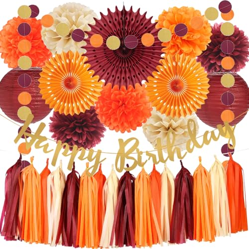 Herbst-Party-Dekorationen, Burgunderrot und Orange, Herbst-Geburtstagsdekorationen, Seiden-Pompons, Papierfächer, Laternen, Quasten-Girlanden für Frauen, Mädchen, Herbst, Geburtstag, Erntedankfest von FETETIJD