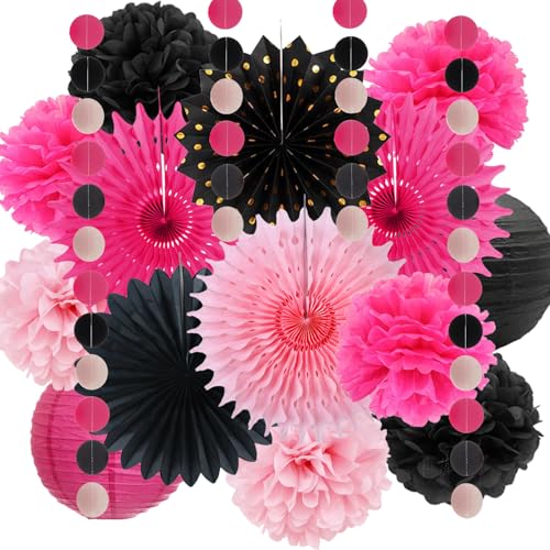 Hot Pink Party Dekoration Fuchsia Pink Papier Dekoration für Mädchen Frauen Hot Pink und Schwarz Seidenpapier Pom Poms Hängende Papierfächer Geburtstag Hochzeit Graduierung Dekoration von FETETIJD