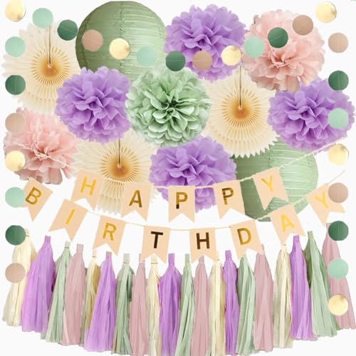 Lila Rosa und Grün Geburtstag Dekorationen Boho Pastell Salbeigrün Blush Rosa Flieder Geburtstag Party Dekorationen für Mädchen Frauen Creme Fans Poms Salbei Dusty Rose Quaste Girlande mit Banner von FETETIJD