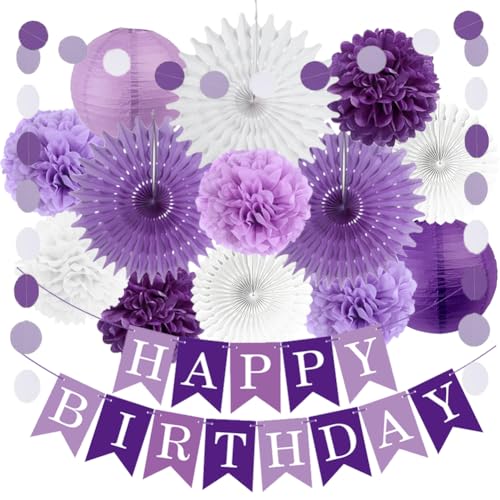 Lila Weiß Lavendel Geburtstag Dekorationen Lila Weiß Papierfächer Papier Pom Pom Blumen Laternen Happy Birthday Banner für Frauen Mädchen Geburtstag Party Dekor von FETETIJD