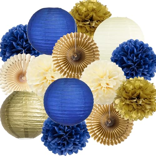 Marineblau Gold Party Dekorationen Gold Hängende Papierlaternen Seidenpapier Pompons Papierfächer für Kindergeburtstag Junge Mann Frauen Geburtstags Hochzeit Bachelorette Abschlussfeier Deko von FETETIJD