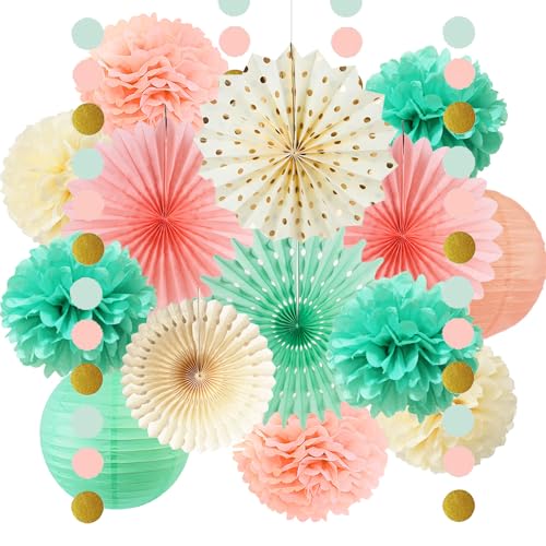 FETETIJD Minzgrün Creme Rosa Party Dekoration Mint Pfirsich Geburtstag Seidenpapier Pom Poms Papierfächer Kreis Punkt Girlanden für Grils Geburtstagsfeier Babyparty Brautdusche Hochzeit Dekorationen von FETETIJD