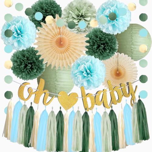 Oh Babyparty-Dekorationen Junge Salbeigrün und Blau Dunkel Olive Salbeigrün und Hellblau Babyparty-Dekorationen Retro Olive Seidenpapier Pom Poms Beige Quaste Girlande Party Dekor Kit für Jungen Oh Babyparty-Dekorationen Junge Salbeigrün und Blau Dunkel Olive Salbeigrün und Hellblau Babyparty-Dekorationen Retro Olive Seidenpapier Pom Poms Beige Quaste Girlande Party Dekor Kit für Jungen von FETETIJD