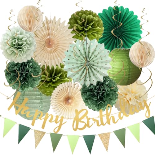 Olive Salbeigrün Geburtstagsdekorationen für Mädchen Frauen Jungen Männer Olive Salbei Beige Papierfächer Pom Poms Laternen Happy Birthday Banner Gold Grün Dreieck Flaggen Girlande von FETETIJD