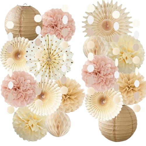 Party Deko Beige Rosa Boho Geburtstag Neutral Babyparty Deko Mädchen Beige Rosa Papierfächer Pompons Papierlaternen für Geburtstag Vintage Hochzeits Deko von FETETIJD
