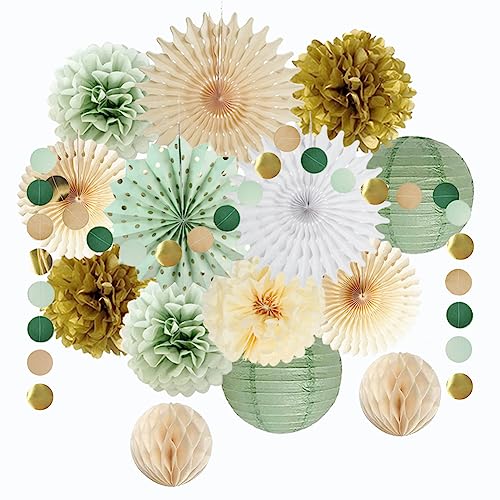 Party Deko Salbeigrün Gold Geburtstag Deko Mädchen Frauen Junge Grün Gold Seidenpapier Pompons Papierlaterne Punkte Kreis Girlande für Babyparty Brautparty Hochzeit Party von FETETIJD