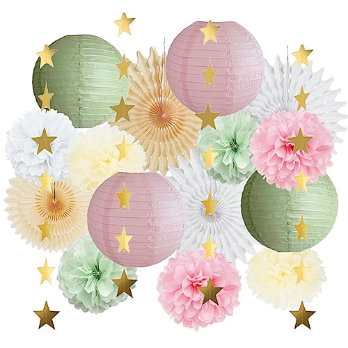 Party Deko Grün Rosa Pompons Salbeigrün Party Deco Beige Papierfächer Papierlaternen Salbei Geburtstag Mädchen Frau Deko mit Gold Stern Girlande für Babyparty Brautdusche Geburtstagdeko Hochzeit von FETETIJD