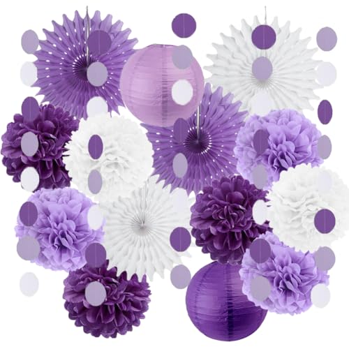 Party Deko Lila Weiß Seidenpapier Pompons Deko Papierfächer Papierlaternen Lila Weiß Papier Girlande für Violett Lavendel Geburtstag Hochzeit Babyparty Brautdusche Party von FETETIJD