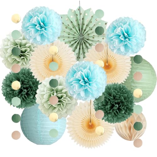 Party Deko Salbeigrün Beige Blau Geburtstagsdeko Party Deko Blau Grün Salbei Olivgrün Pompons Papierlaternen für JGA Deko Frauen Salbeigrün Hellblau Babyparty Junge Geburtstag Hochzeitdeko von FETETIJD