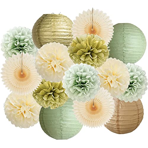 Party Deko Salbeigrün Beige Geburtstag Babyparty Hochzeit Papierlaternen Grün Gold Pompons Creme Papierfächer Set für Sage Green Brautdusche Verlobung von FETETIJD