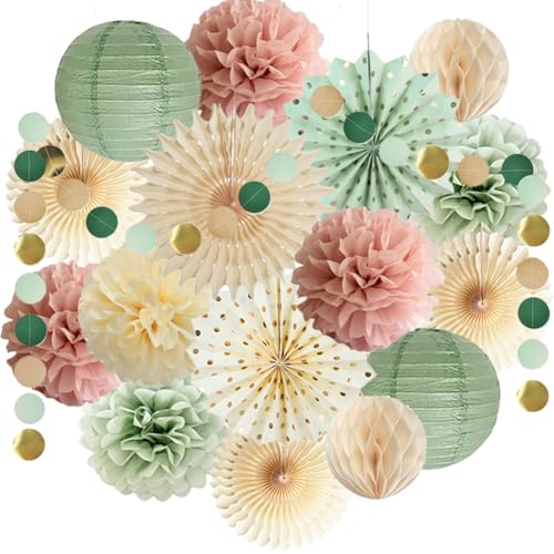 Party Deko Salbeigrün Rosa Geburtstagsdeko Beige Rosa Seidenpapier Pompoms Papierfächer Papierlaterne Salbeigrün Papier Girlande für Neutral Babyparty Brautparty Hochzeit Party Dekoration von FETETIJD