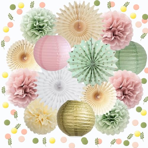 Party Deko Salbeigrün Rosa Seidenpapier Pompoms Papierfächer Papierlaterne Grün Rosa Konfetti Tischdeko für Geburtstags Babyparty Hochzeit Party Dekorationen von FETETIJD