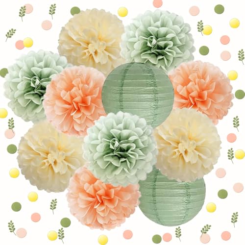 Party Deko Salbeigrün Pfirsich Seidenpapier Pom Poms Papierlaternen Konfetti Punkte Streutisch Dekoration für Salbeigrün Pfirsich Geburtstag Neutral Babyparty Hochzeit Party Deko von FETETIJD