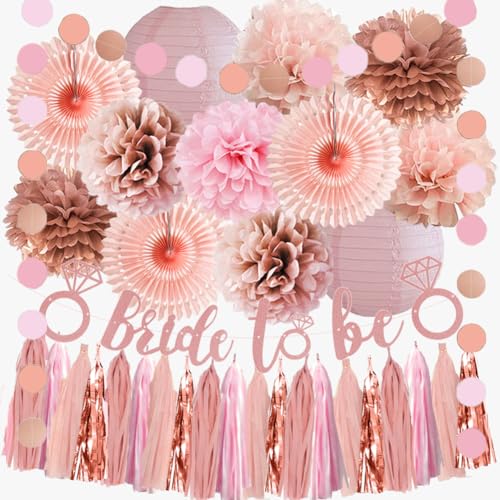 Rosa Roségold Brautdusche Dekorationen Boho Bride to Be Dekorationen Rose Gold Blush Pink Junggesellinnenabschied Dekorationen Dusty Rose Tissue Pom Poms Fans Laternen mit Quaste Girlande von FETETIJD