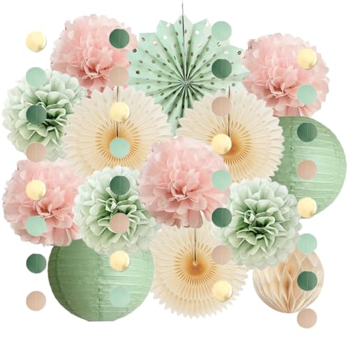 Rosa Salbeigrün Party Deko Pompons Salbeigrün Rosa Beige Papierfächer Papierlaternen Salbei Geburtstag Mädchen Frau Deko mit Kreisgirlande für Babyparty Brautdusche Geburtstagdeko Hochzeit von FETETIJD