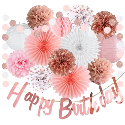 Rosa Weiß Roségold Geburtstagsdekorationen Rose Gold Happy Birthday Banner Rosa Rose Weiß Seidenpapier Pom Poms Papierfächer Kreis Punkte Girlande für Frauen Mädchen Geburtstag Party Dekor von FETETIJD