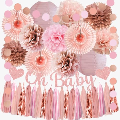 Rosa und Roségold Babyparty-Dekorationen Oh Baby Rose Gold und Rosa Baby Mädchen Dusche Dekorationen Pastell Dusty Blush Rose Pom Poms Fans Party Dekor mit Banner Quaste Girlande von FETETIJD