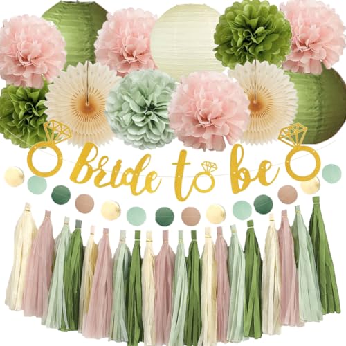 Bride to Be Deko Salbei Rosa JGA Deko Salbeigrün Frauen Altrosa Olivgrün Brautparty Junggesellinnenabschied Hellrosa Grün mit Quasten Girlande Rosa Salbeigrün für Bridal Shower Bachelorette Party von FETETIJD