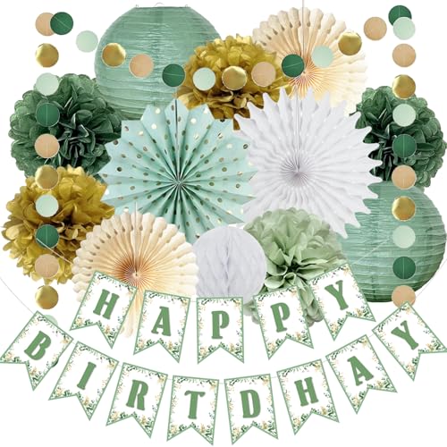Salbeigrün Gold Geburtstag Party Dekorationen Salbeigrün Party Dekoration Hängende Papierfächer Laternen Tissue Pom Poms für Mädchen Frauen Geburtstag Salbeigrün Babyparty Neutral Geburtstag Party von FETETIJD