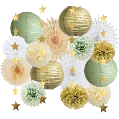 Party Deko Salbeigrün Sage Green Party Deko Grün Gold Papierlaterne Papierfächer Pompons Beige Weiß mit Stern Girlande Gold für Deko Geburtstag Salbeigrün Babyparty Hochzeit von FETETIJD