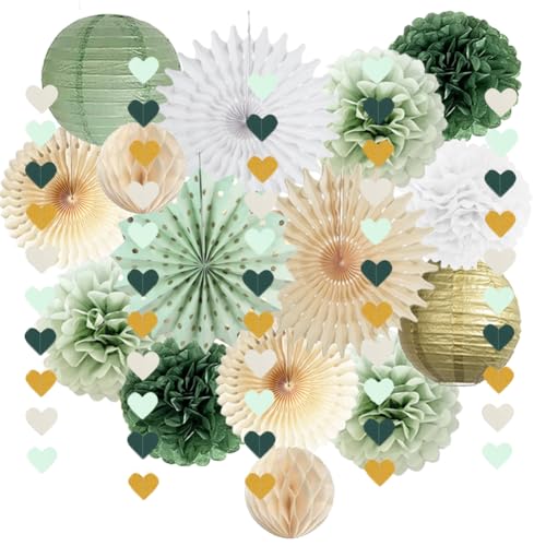 Party Deko Salbeigrün Olivgrün Weiß Gold Geburtstag Deko Grün Gold Seidenpapier Pompons Deko Papierlaterne für Babyparty Brautparty Hochzeit Party von FETETIJD