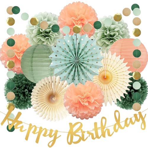Salbeigrün Pfirsich Geburtstag Deko Salbeigrün Pompons Deko Salbei Olivgrün Beige Papierfächer Papierlaternen Happy Birthday Girlande für Frauen Mädchen Geburtstag Babyshowerparty Deko von FETETIJD