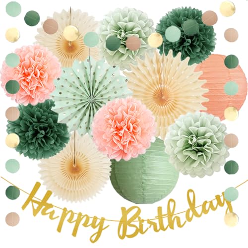 Geburtstagsdeko Salbei Pfirsich Pompons Deko Olivgrün Geburtstagsdeko Salbeigrün Rosa Deko Geburtstag Pfirsich Salbei mit Happy Birthday Girlande für Geburtstagsdeko Mädchen Frauen Salbei von FETETIJD