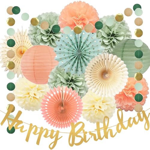 Salbeigrün Pfirsich Geburtstag Dekorationen Salbeigrün Party Creme Seidenpapier Pom Poms Papierlaternen Geburtstags Banner für Frauen Mädchen Pfirsich Geburtstag Babyparty Dekoration von FETETIJD