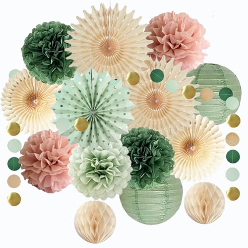 Party Deko Salbeigrün Rosa Seidenpapier Pompoms Deko Grün Rosa Papierfächer Papierlaterne Salbeigrün Papier Girlande für Geburtstagsdeko Babyparty Brautparty Hochzeit Party Deko von FETETIJD