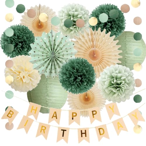 Geburtstagsdeko Grün Beige Mädchen Retro Olivgrün Geburtstagsdeko Salbeigrün Geburtstag Frauen Deko Salbei Creme Party mit Happy Birthday Banner Beige Gold von FETETIJD